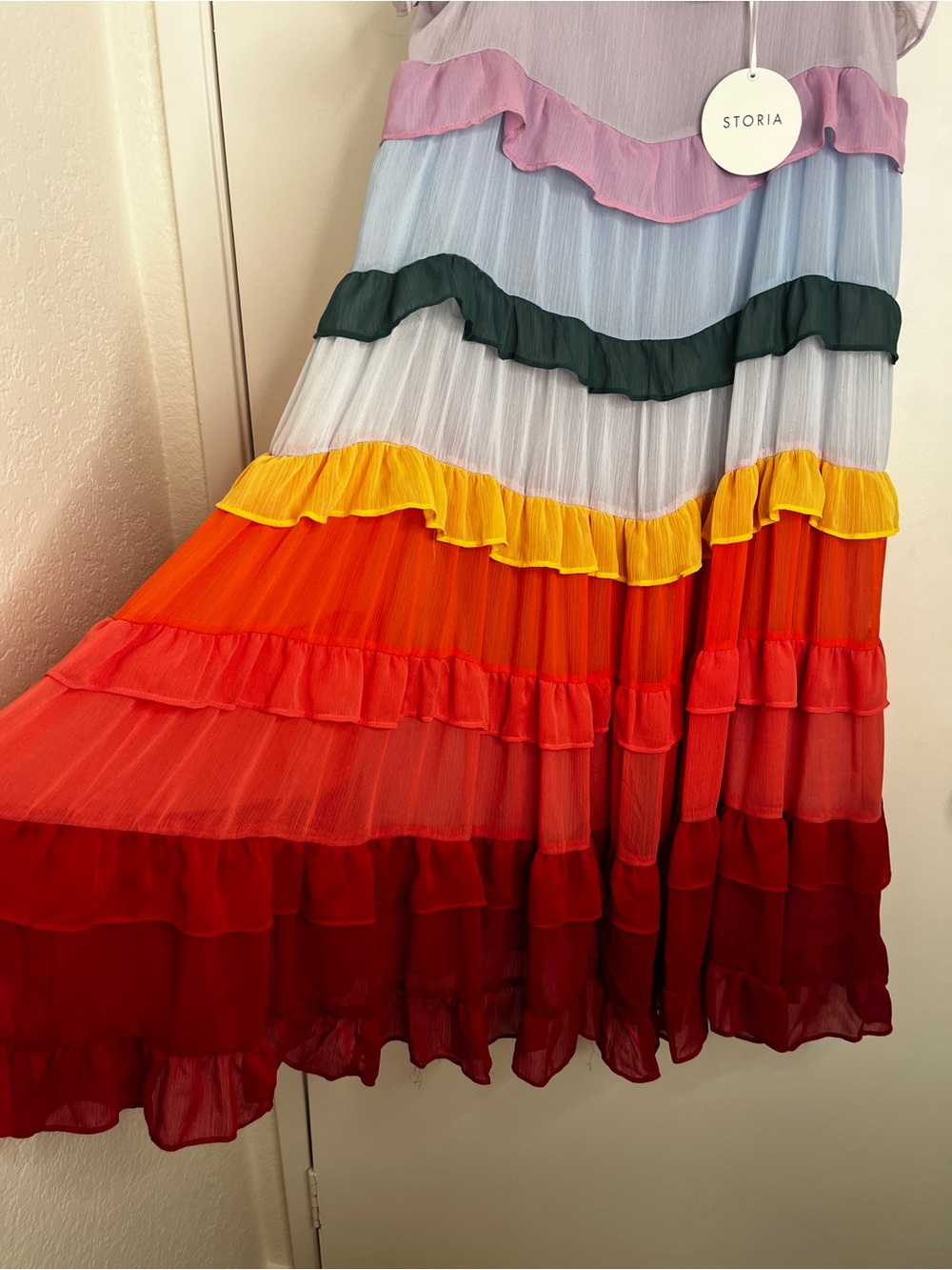 NWT STORIA Rainbow Ruffled Tiered Midi Dress Fairy Goddess Colorful L Whimsical - Picture 4 of 15